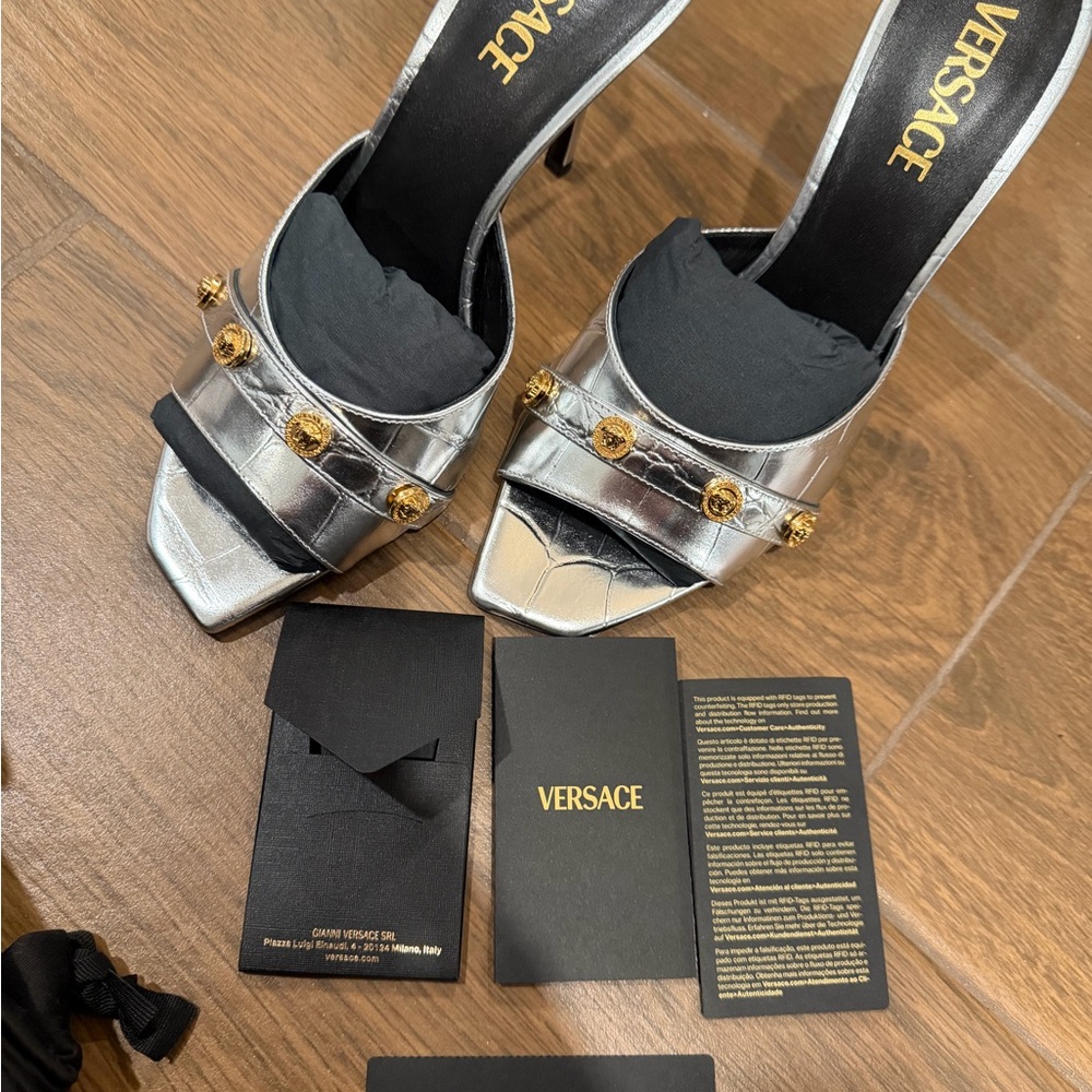 Versace Silver Metallic Leather High Heel Mules with Gold Medallions - Picture 8 of 13